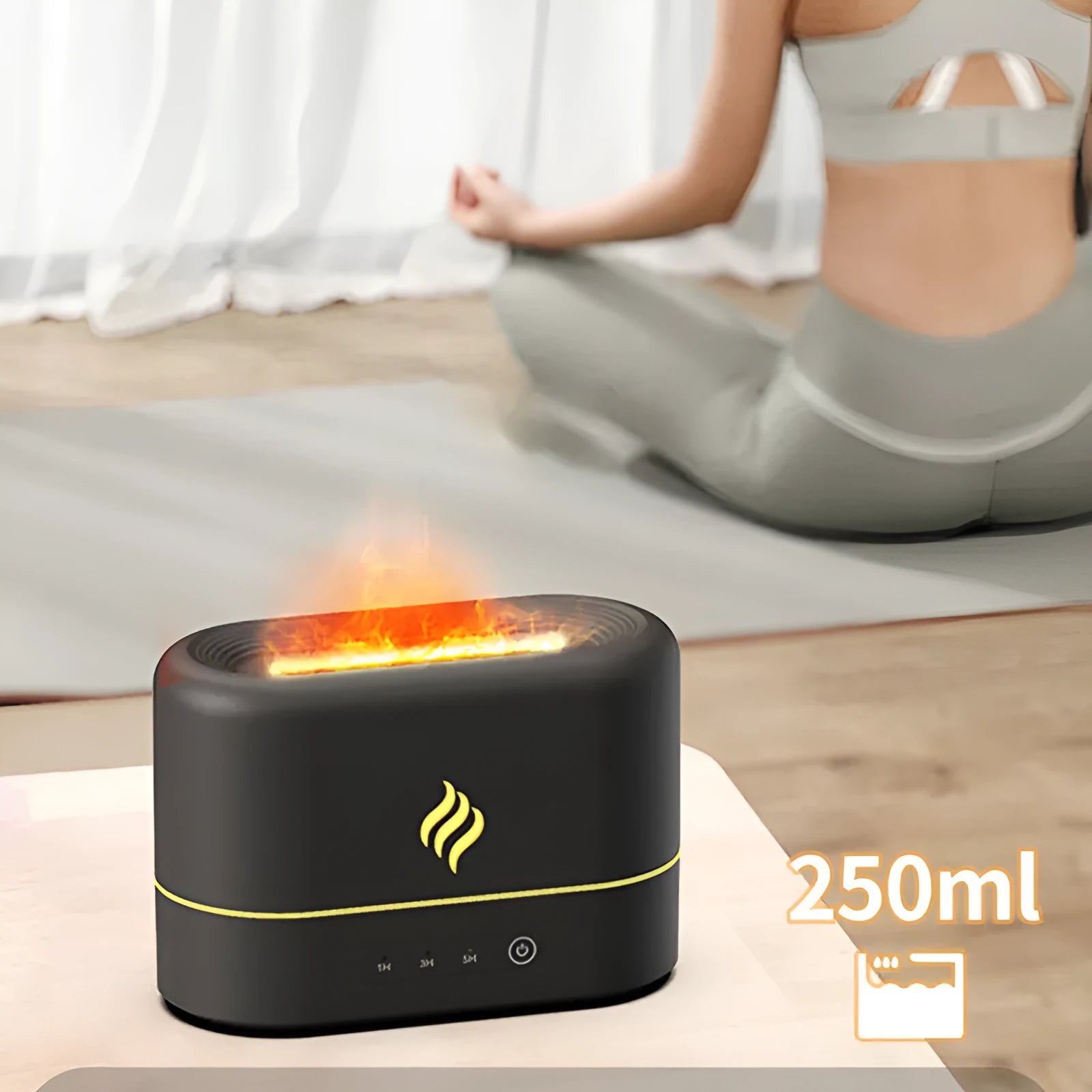 Black USB-powered humidifier diffuser with seven-colour flame effect lighting and mist outlet