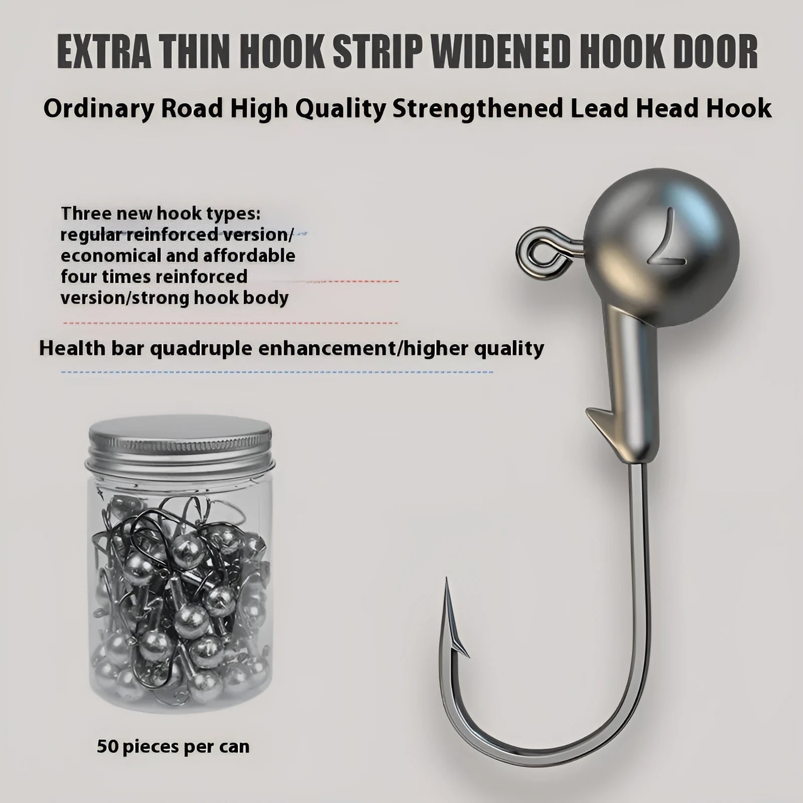 Enhanced jig hook fishing set with 50 pieces including 4 times strengthened 7g hooks in primary colours