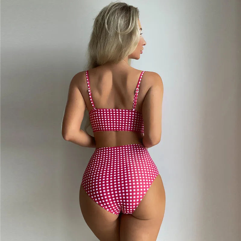 Women's high-waisted plaid bikini swimsuit in rose red, black, blue, or sky blue