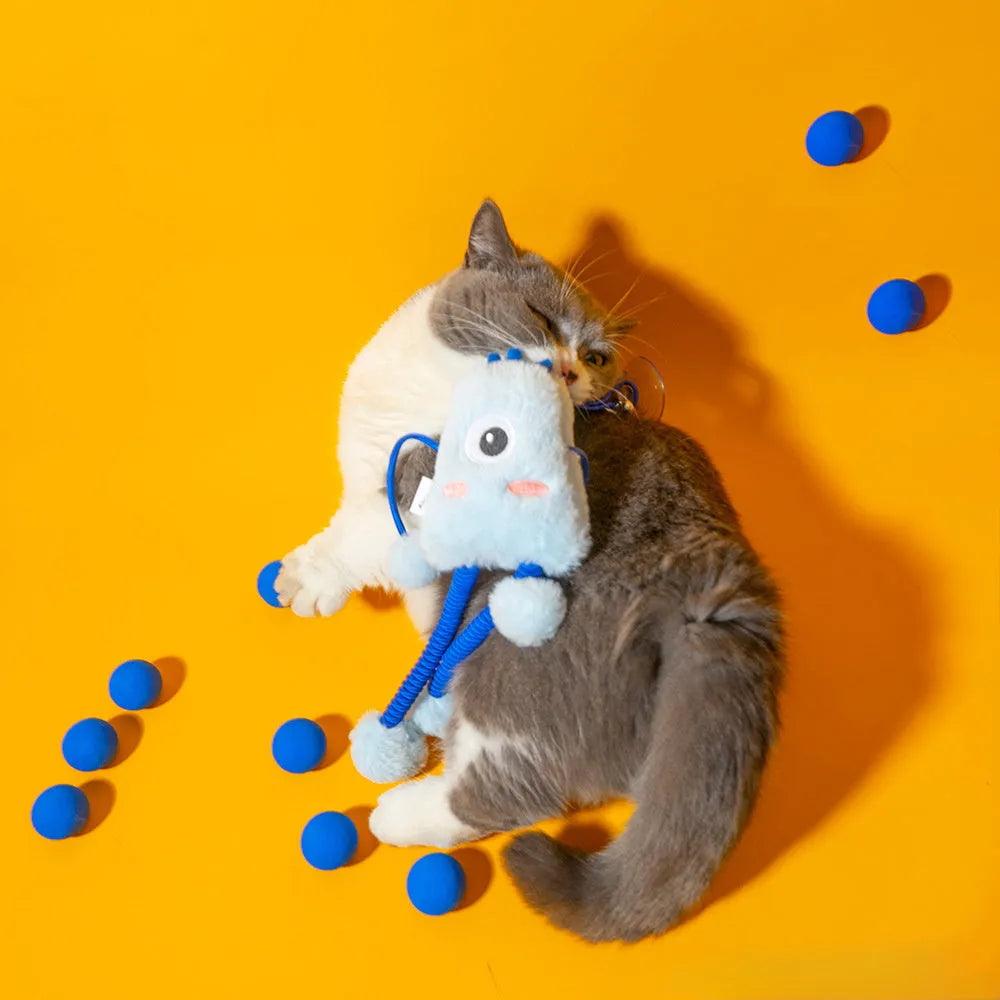 Blue telescopic elastic cat toy with plush mint-scented ring bell attachment extended during play