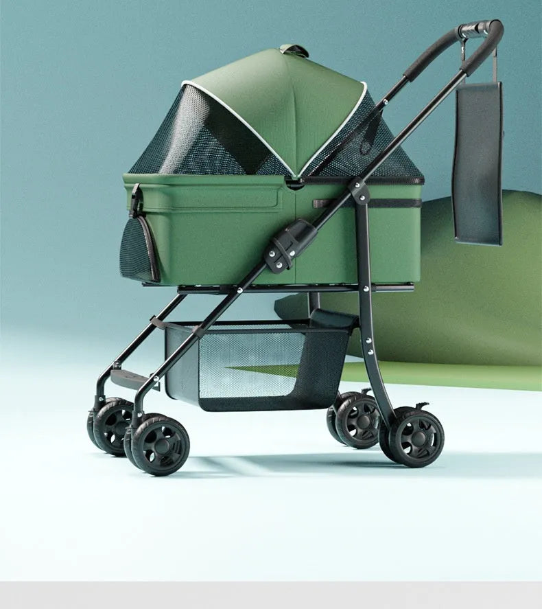 Black folding pet cart with one-click mechanism and removable design for pet transportation