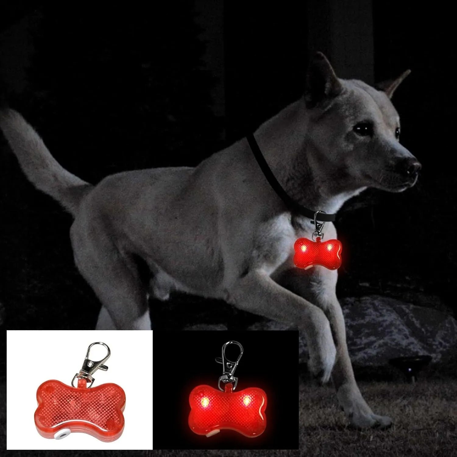 Bone-shaped LED luminous pendant for pet collars in multiple colours showing three light modes.