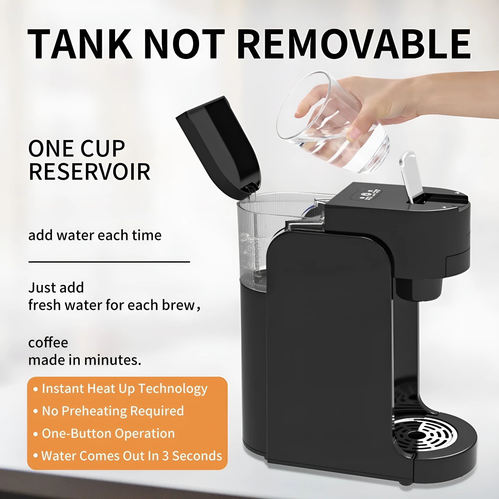 Black and white capsule coffee machine with adjustable water tray and transparent water tank