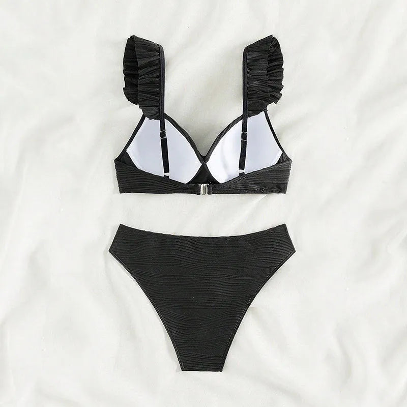 Women's solid colour bikini swimsuit set in black or khaki options