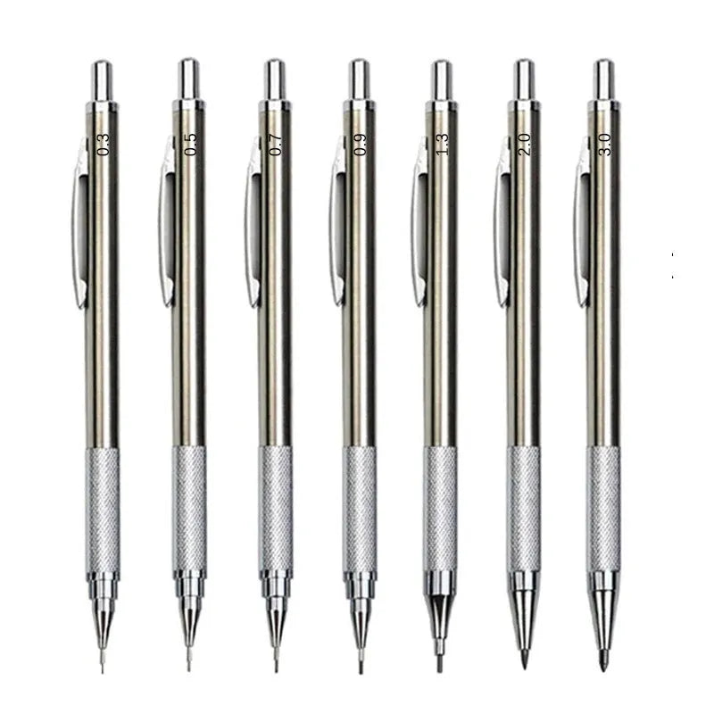 Metal automatic mechanical pencil showing five available lead diameter options from 0.5mm to 2.0mm