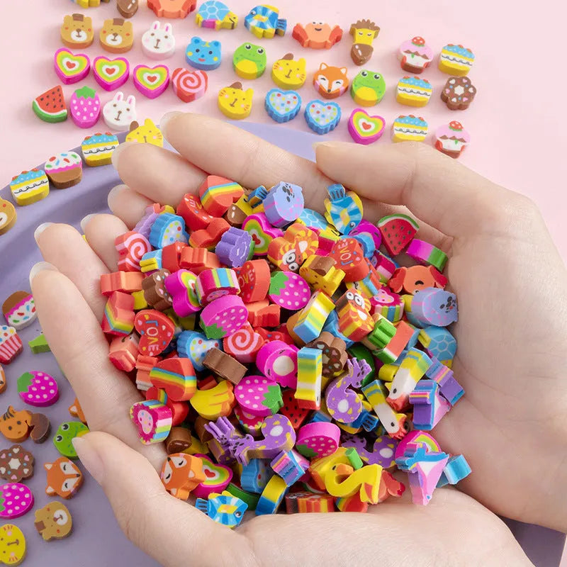 50 small colourful cartoon erasers featuring fruit, animal, cake, and theme designs in a pearlescent bag.