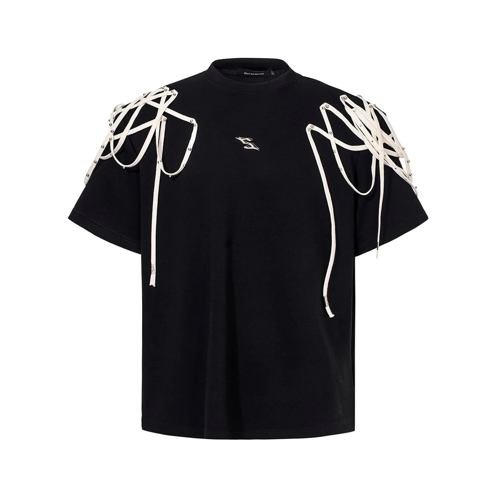 Black loose fit T-shirt with rivet ribbon padded shoulder details and short sleeves