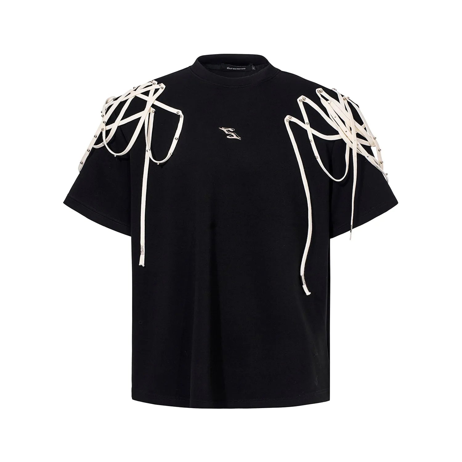 Black loose fit T-shirt with rivet ribbon padded shoulder details and short sleeves