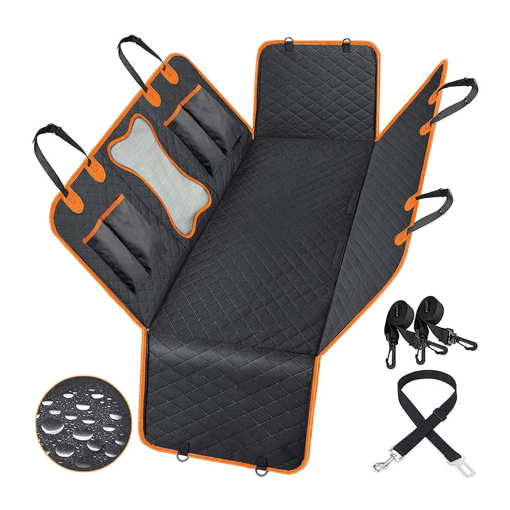 Black dog car seat cover with orange edging, showing mesh window and storage pocket on rear seat