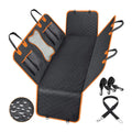 Black dog car seat cover with orange edging, showing mesh window and storage pocket on rear seat