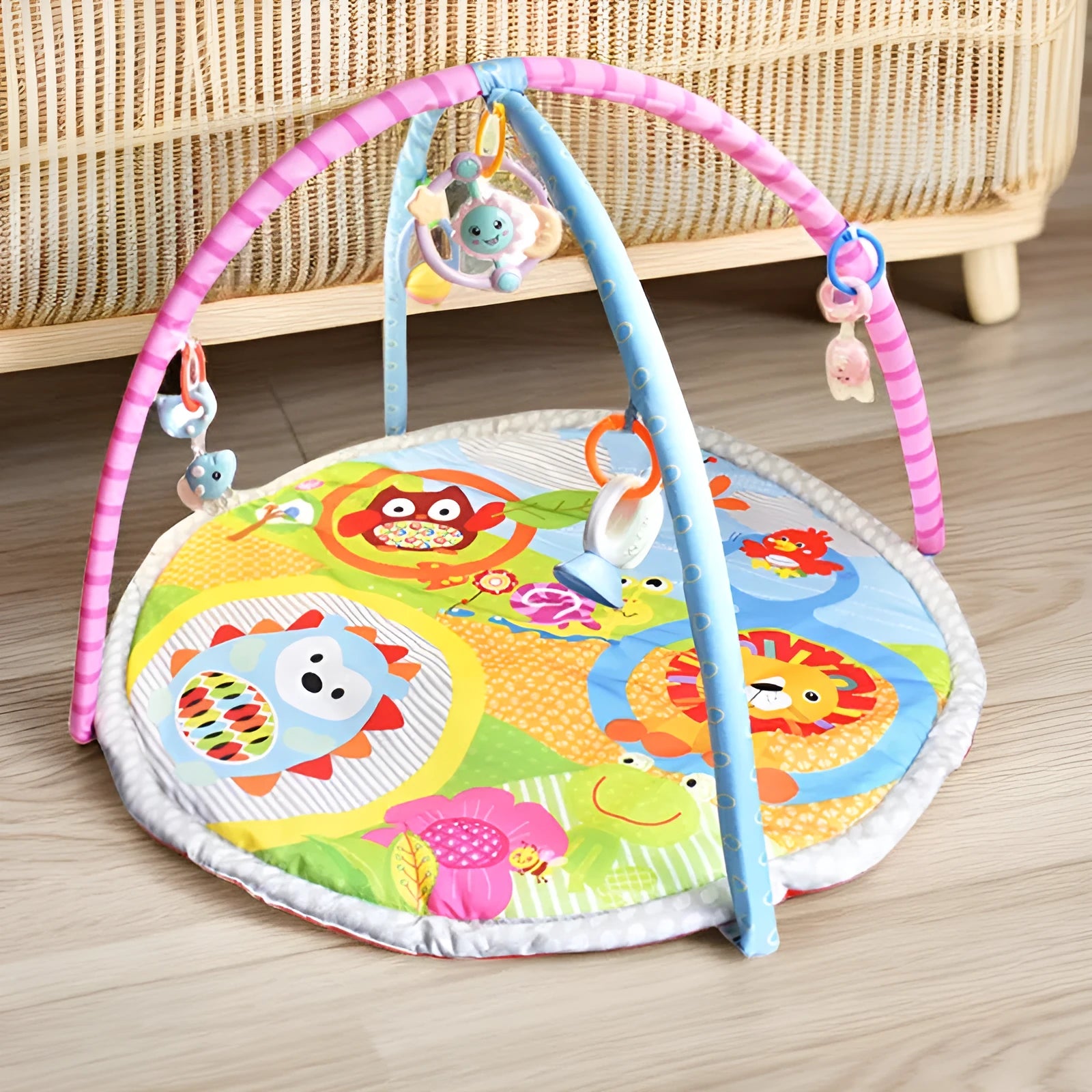 Baby play mat with colourful animal patterns on soft velvet fabric for crawling and floor play.