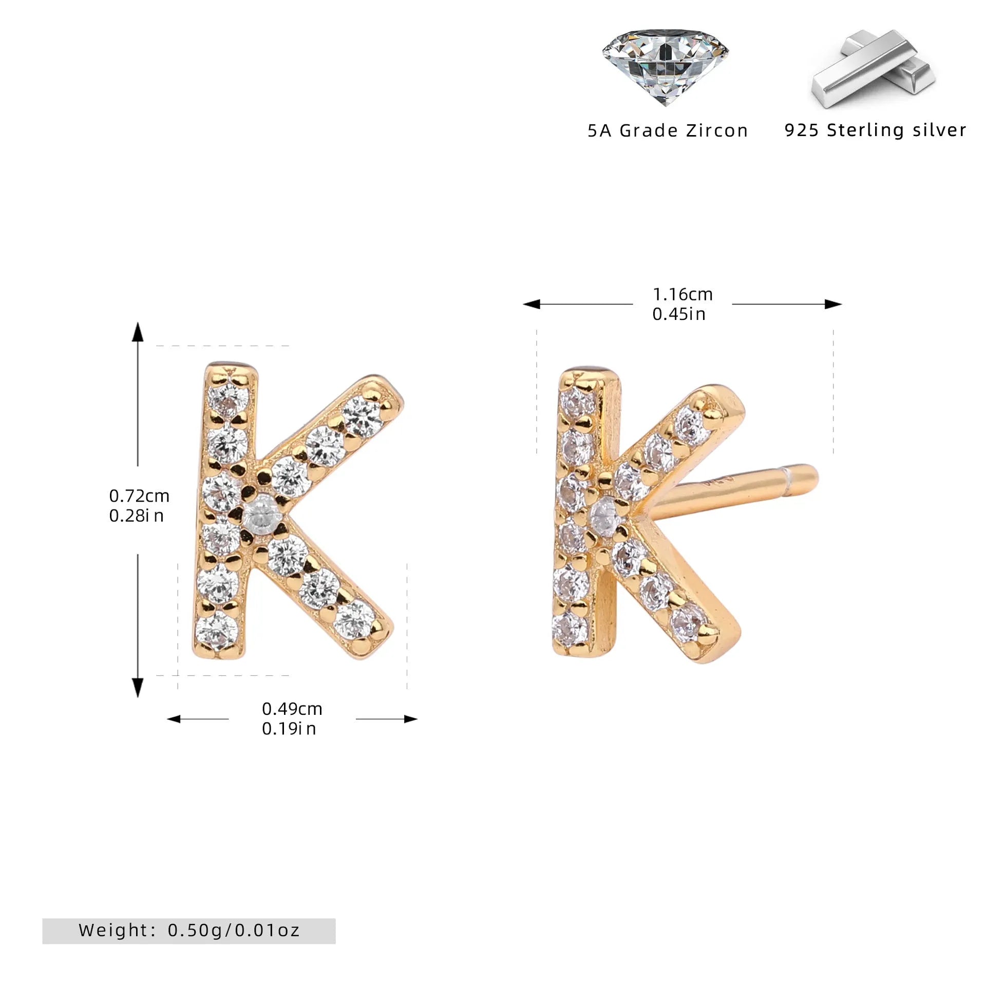 925 silver letter ear stud with electroplated gold finish, alphabet motif