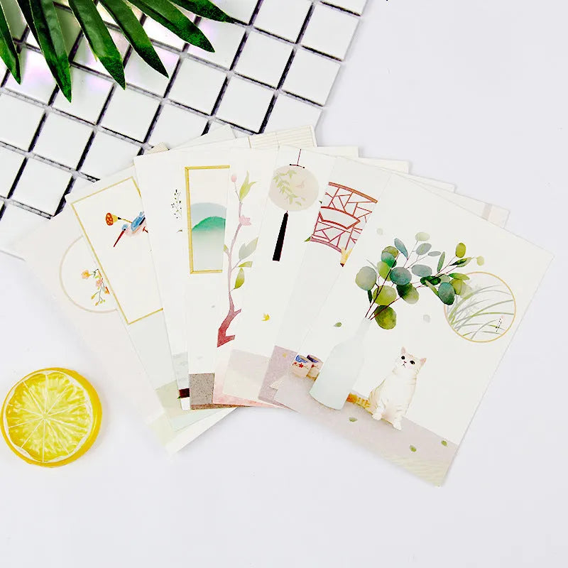 Set of nine minimalist cartoon postcards showing retro Paris towers and historic landmarks.