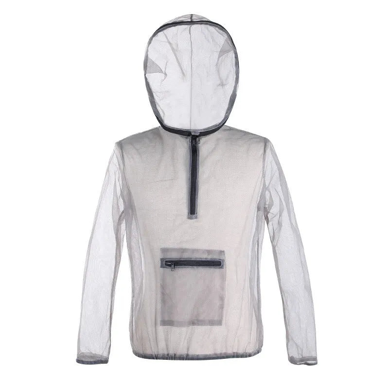 Smoky grey breathable mesh outdoor jacket with insect-proof design for hiking and camping