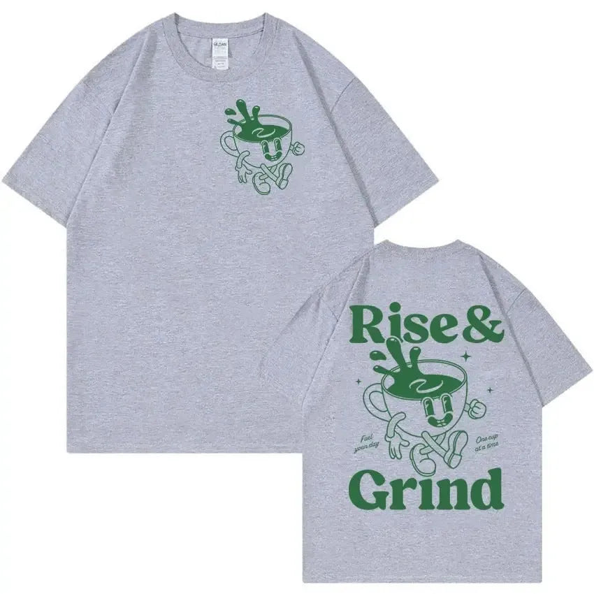 Rise And Grind green coffee cartoon print on a loose-fit linen T-shirt in khaki colour