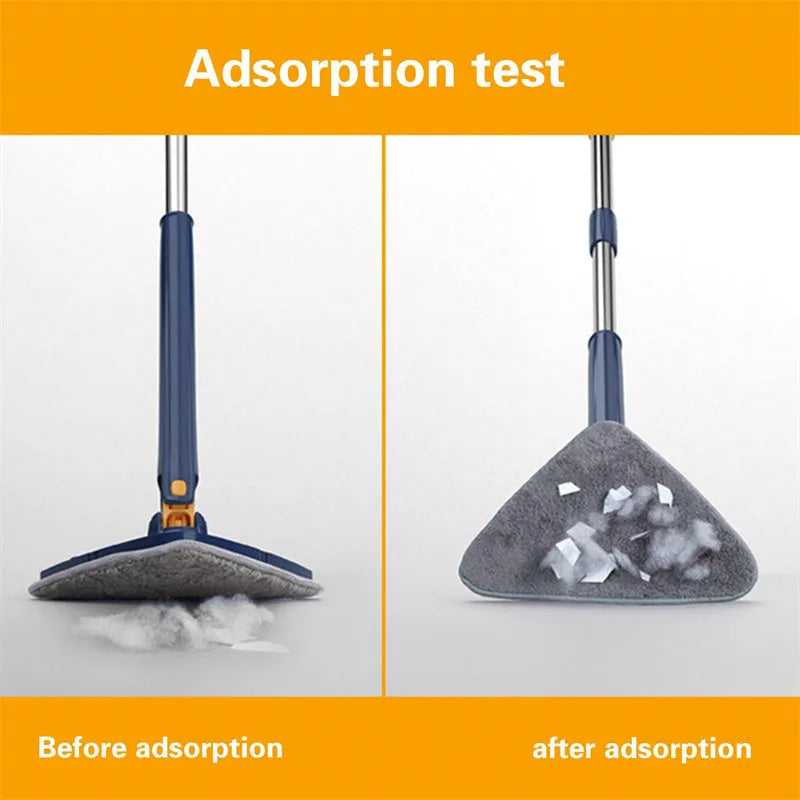 Blue extendable triangle mop with rotating head and adjustable stainless steel pole for corner cleaning