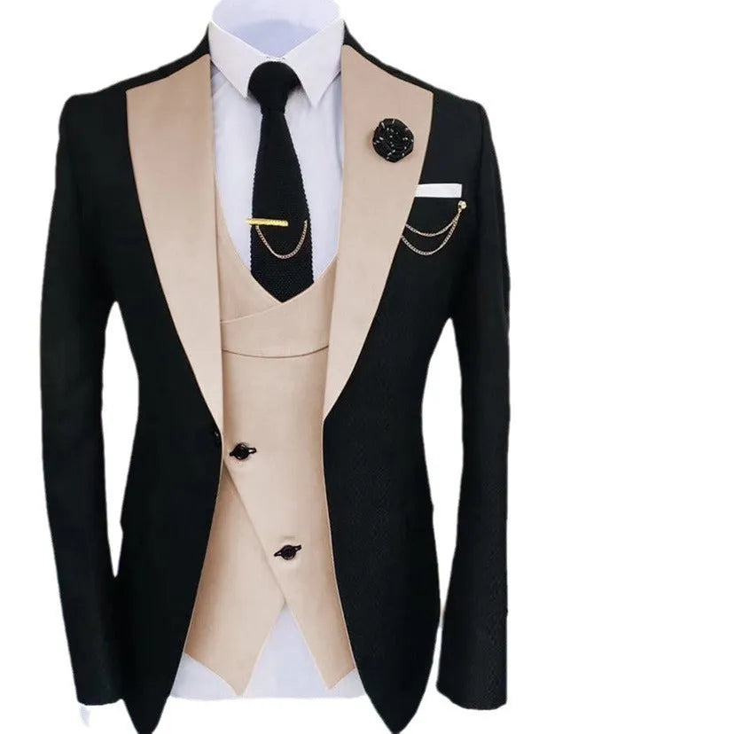 Men's black slim fit three-piece suit with vest and trousers on a hanger for formal weddings
