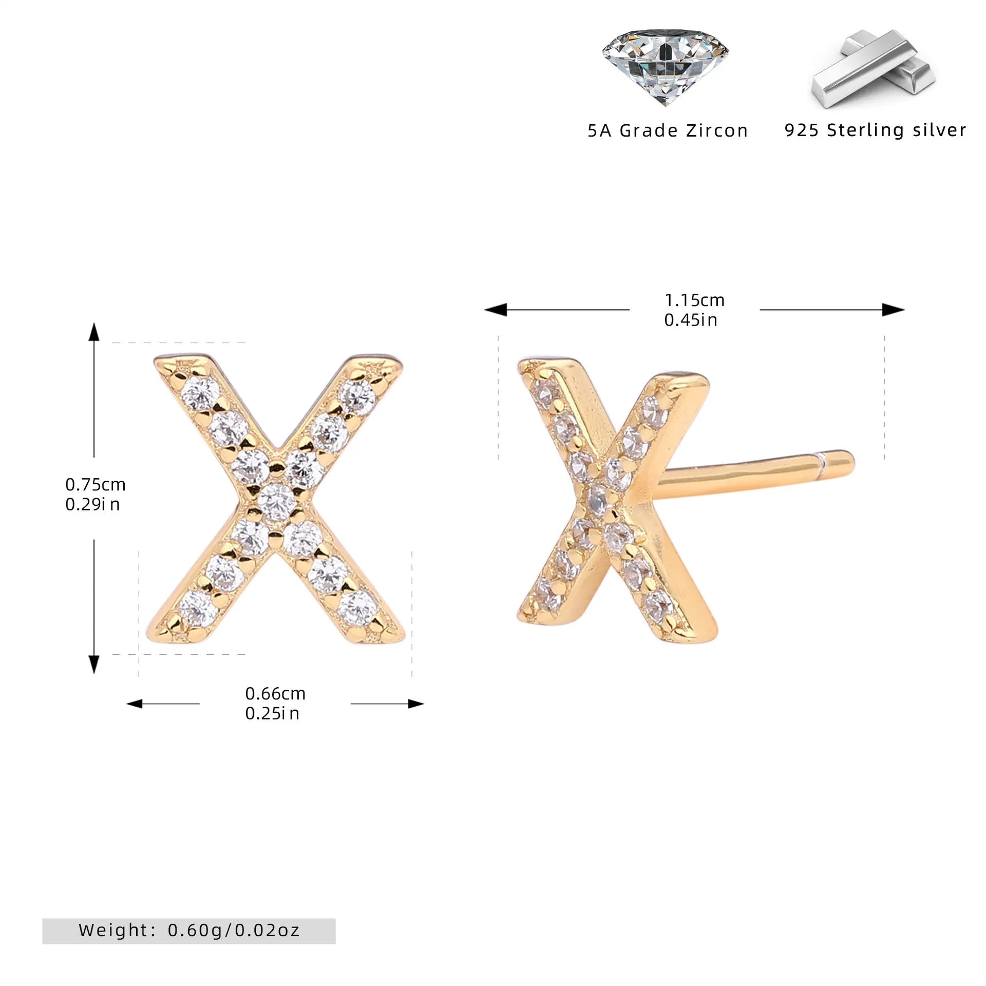 925 silver letter ear stud with electroplated gold finish, alphabet motif