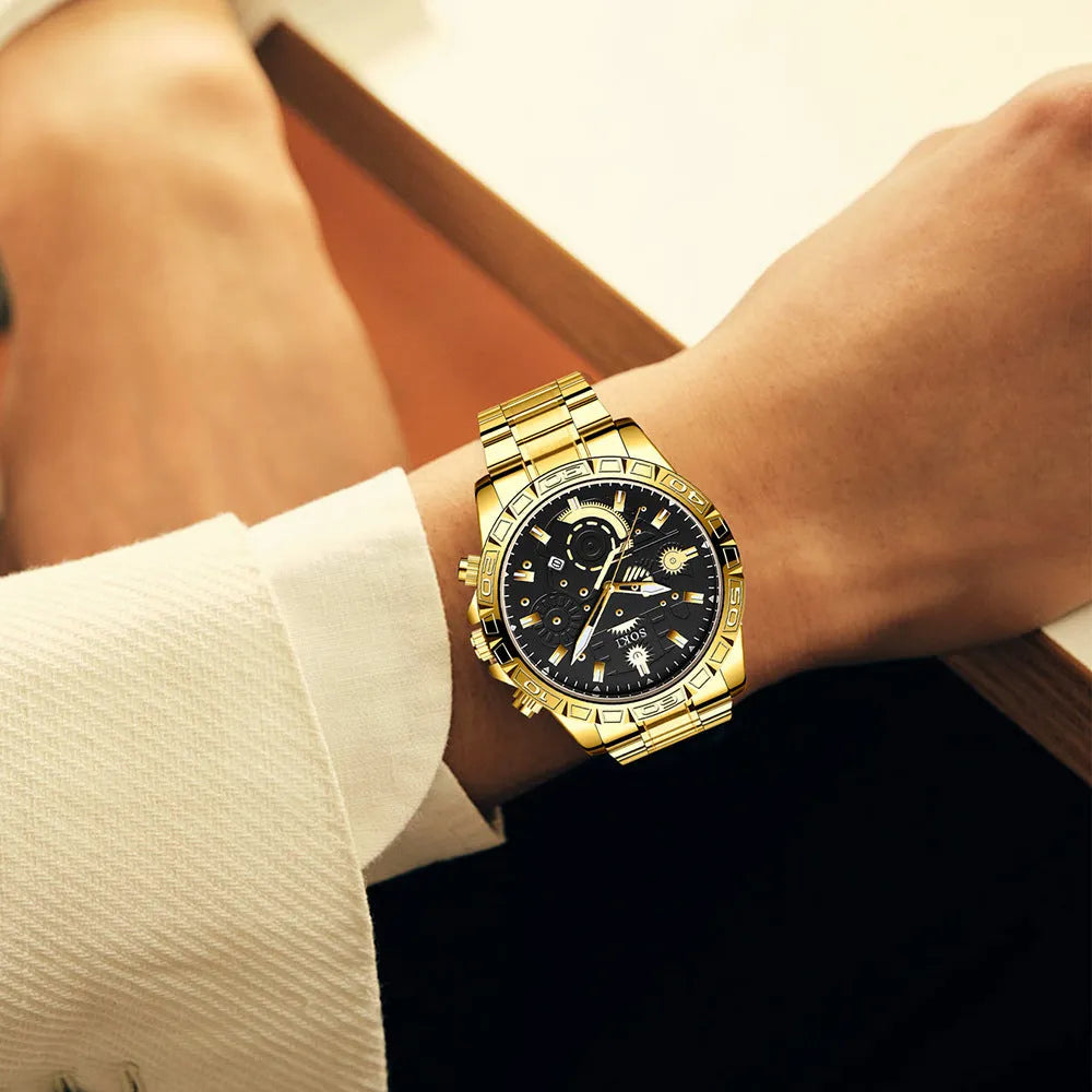 Men's gold business calendar quartz watch with stainless steel strap and 10mm thickness