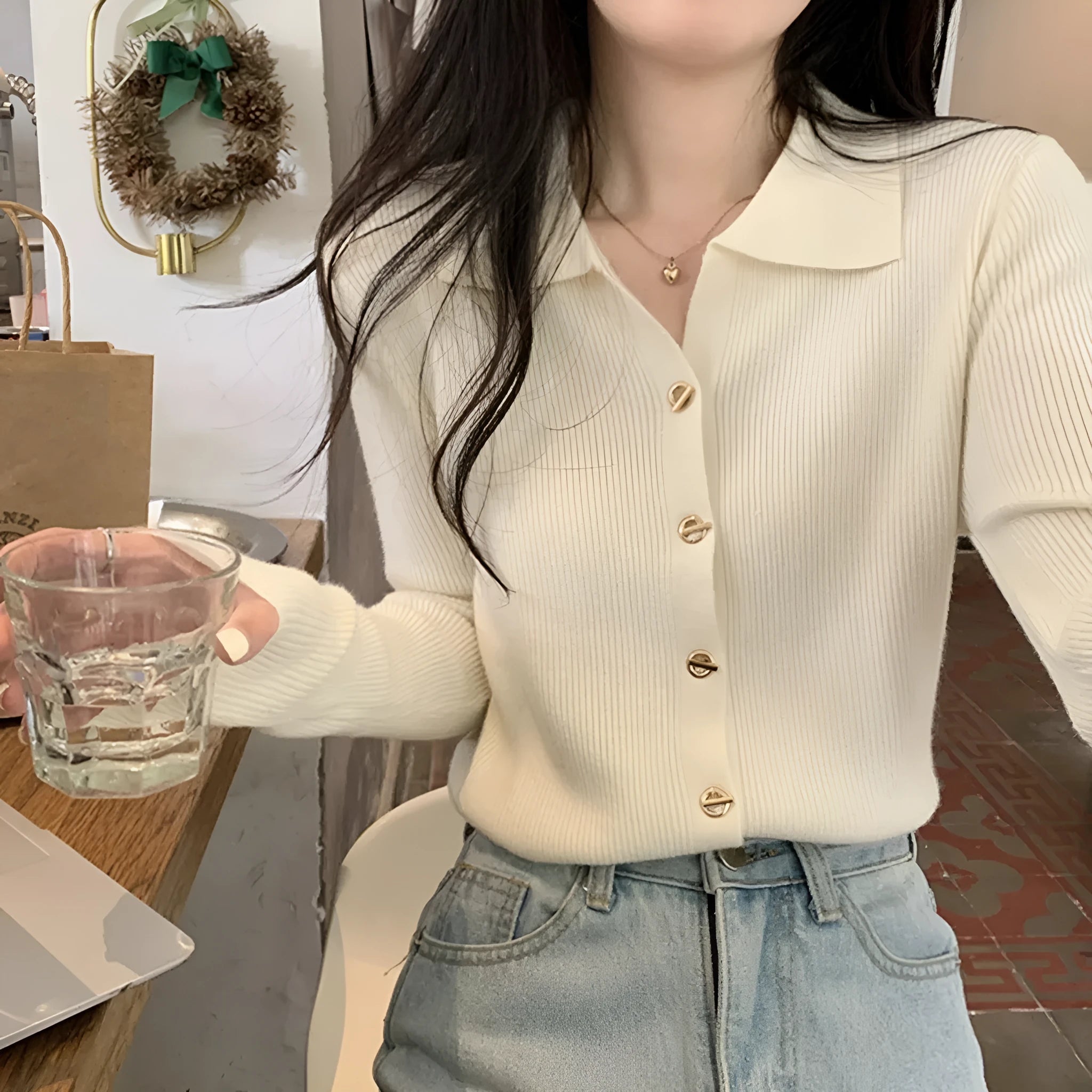 Long-sleeved knitted cardigan bottoming top in viscose fibre with loose fit