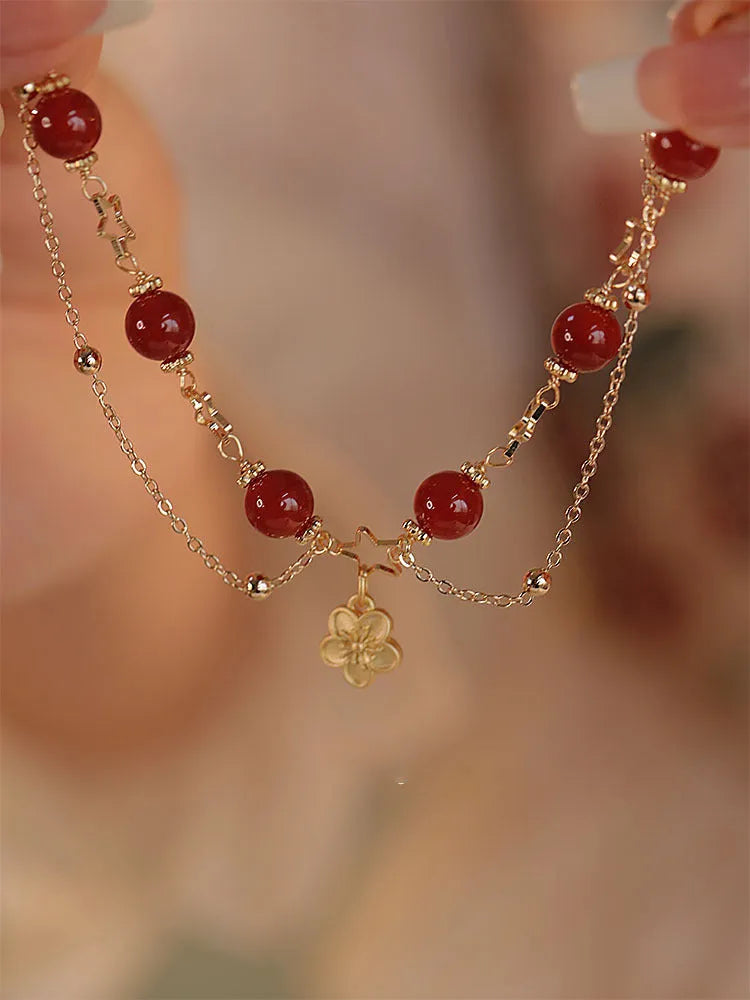 Red agate double layer bracelet with floral peach blossom design, handcrafted women's jewellery