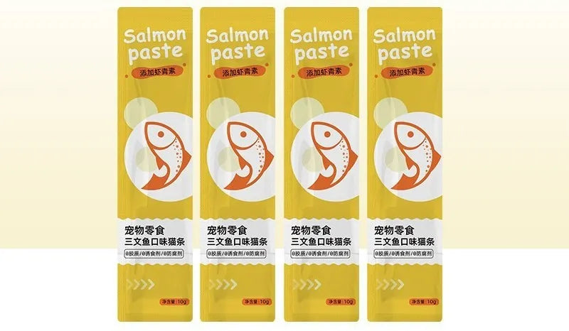 Pack of 10 mixed flavour cat snack strips showing four varieties suitable for kittens and adult cats