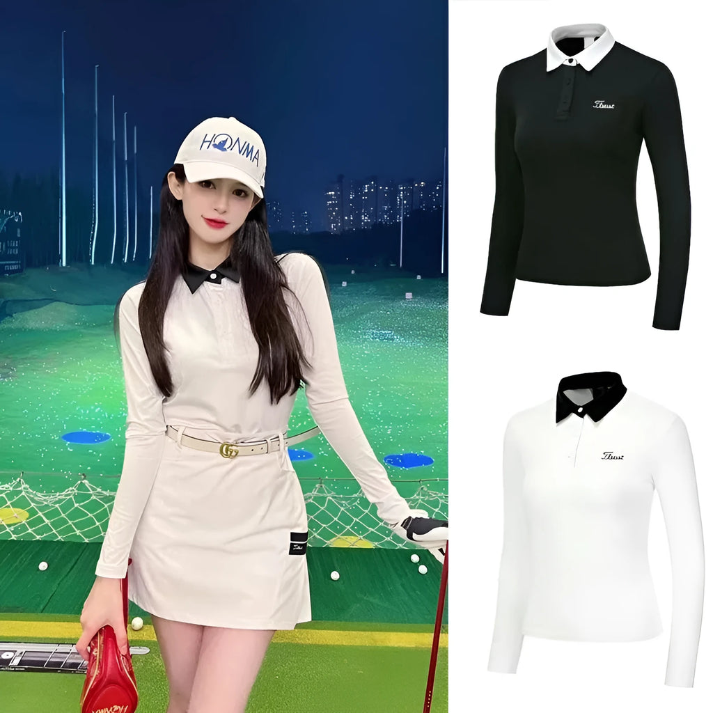 Women's white long sleeve slim fit golf top with polyester athletic fabric