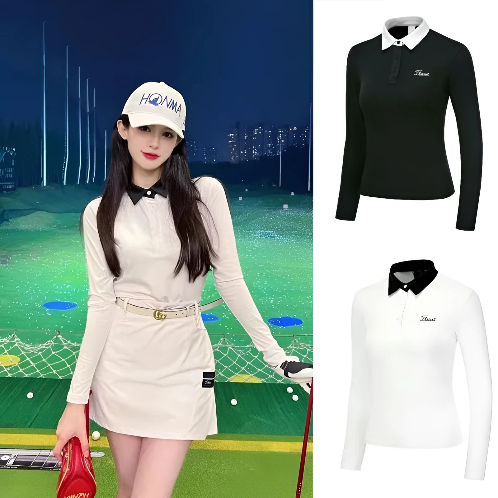 Women's white long sleeve slim fit golf top with polyester athletic fabric