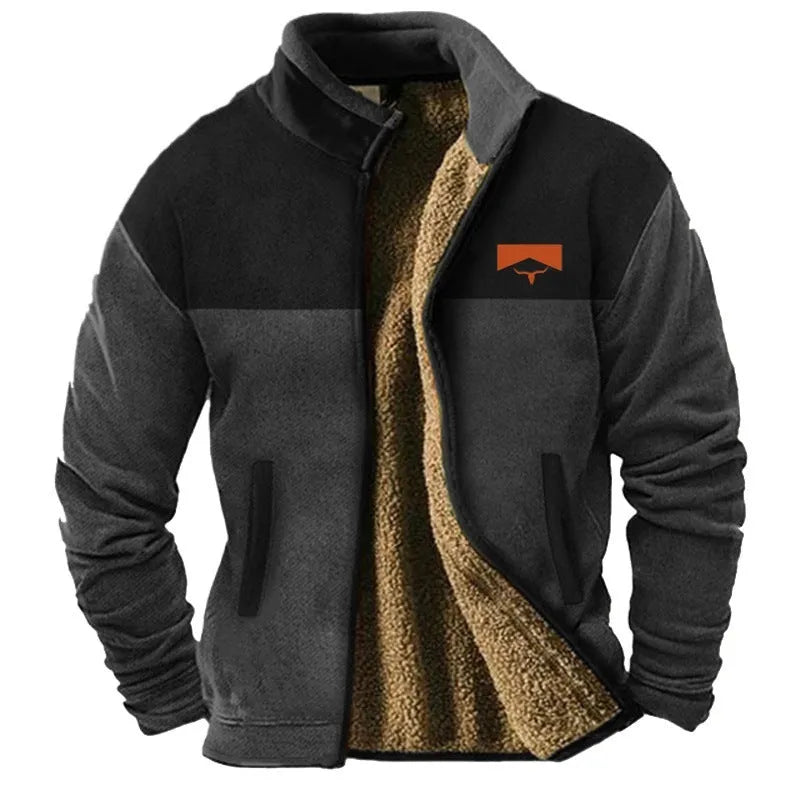 Men's green polyester fleece padded coat with a regular cut on a size chart showing S to 5XL.