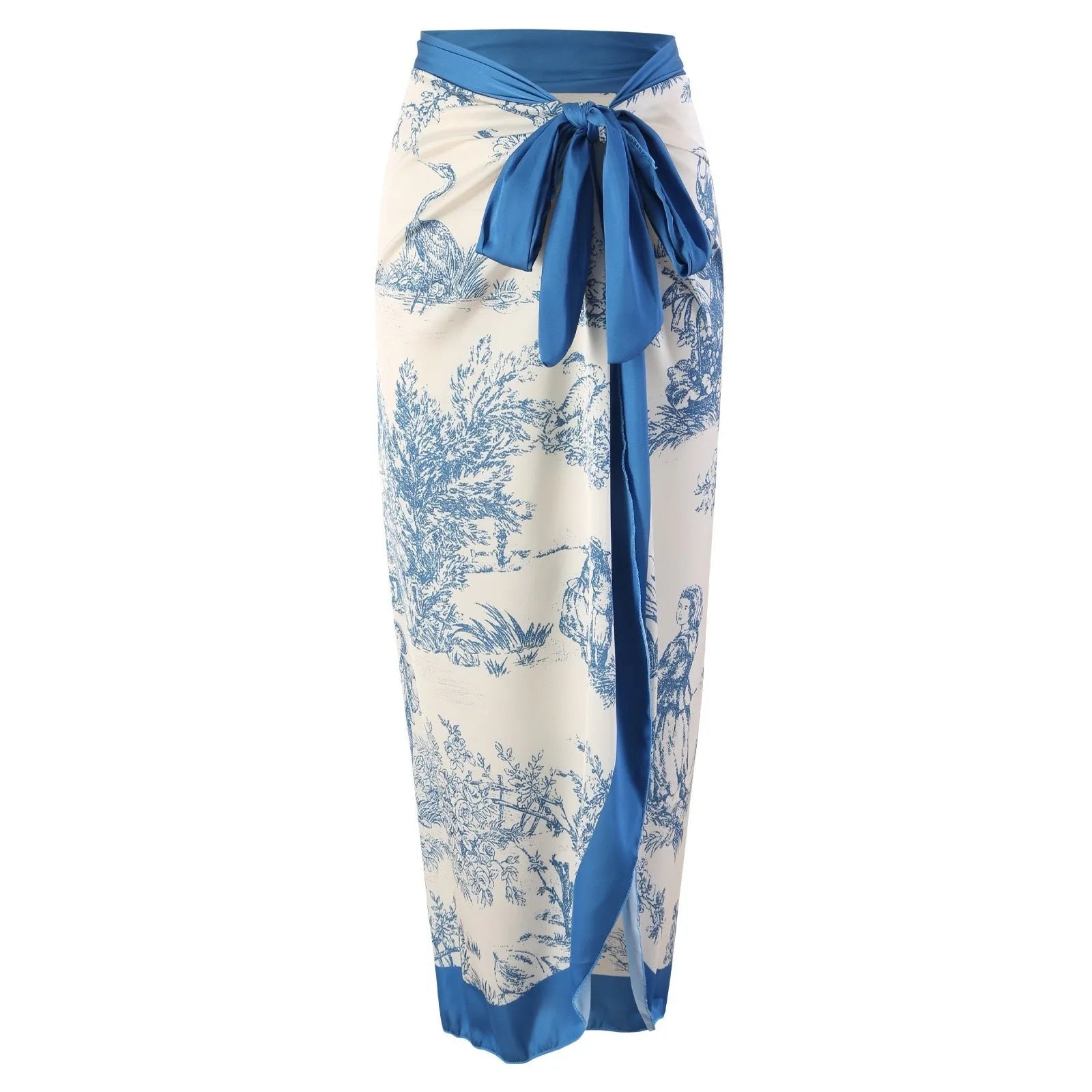Blue one-piece swimsuit for women with an optional matching gauze skirt, shown in various sizes.