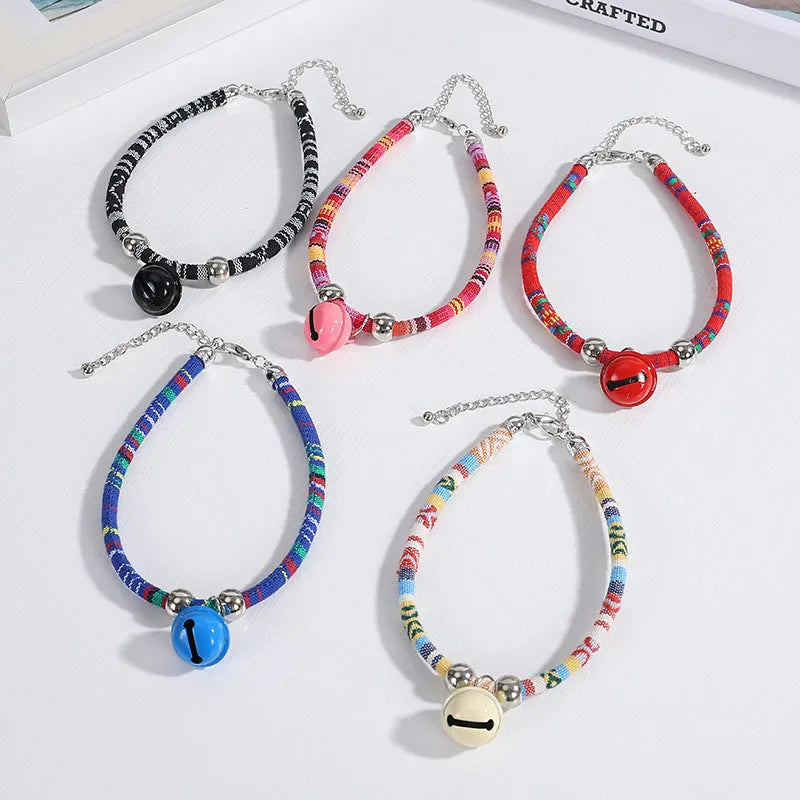 Ethnic patterned adjustable pet collar with bell in multiple colour options