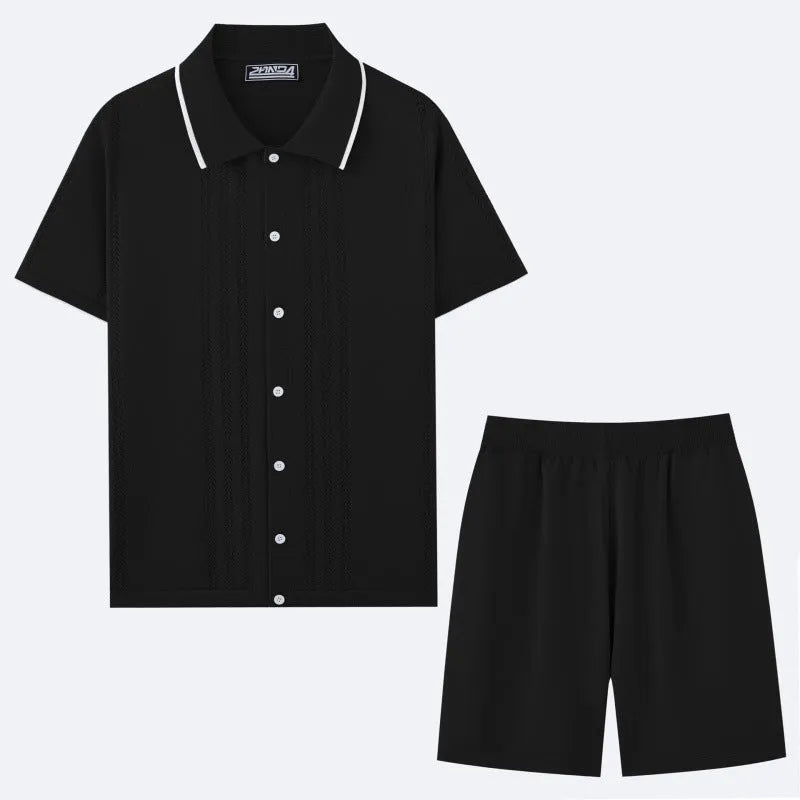 Men's khaki Tencel viscose business casual set with short sleeve top and matching shorts