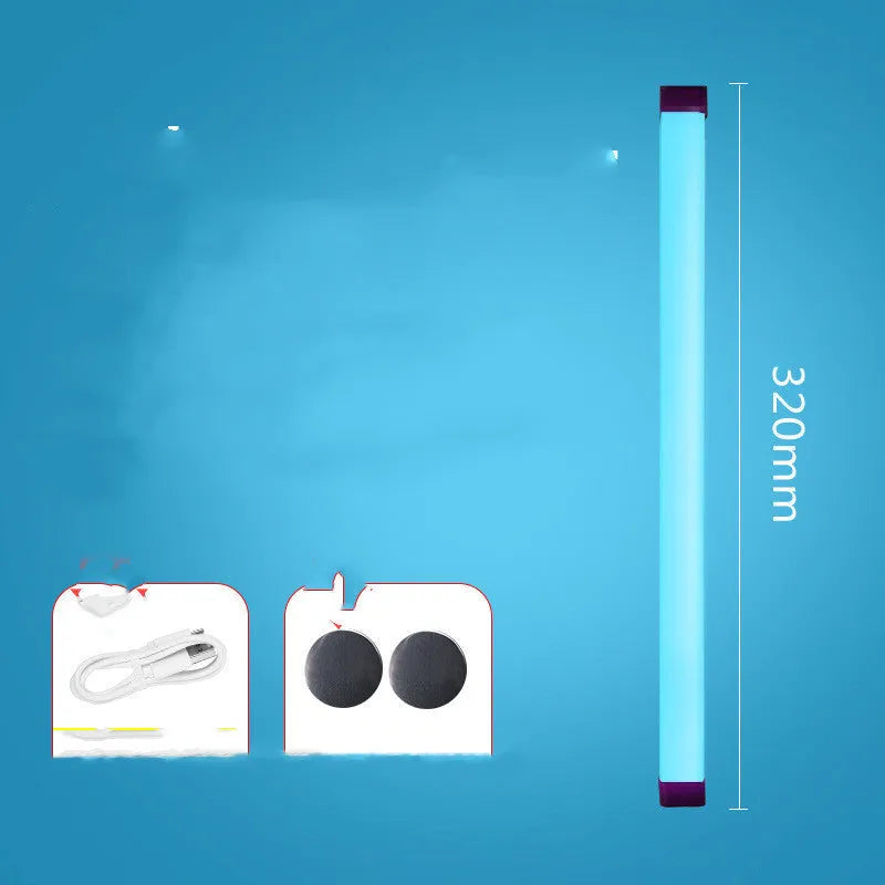 Rechargeable dimmable LED tube stick night light in blue or purple, showing 17cm, 32cm and 52cm length options.