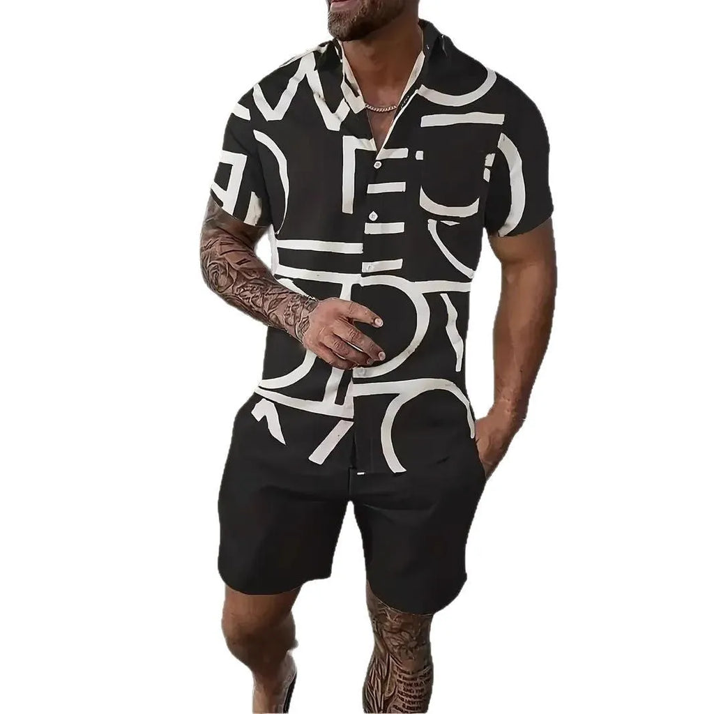 Man wearing a colourful 3D printed Hawaiian shirt and matching shorts casual set.