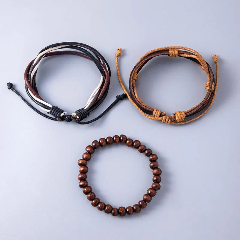 Vintage multilayer leather adjustable bracelet set with wooden beads, ethnic wrap design for women and men, 18g