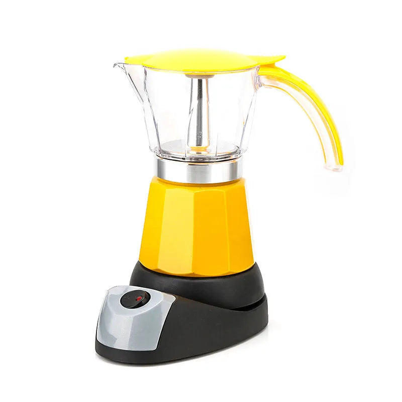 Octagonal electric Moka pot in silver aluminium with EU plug on a kitchen countertop