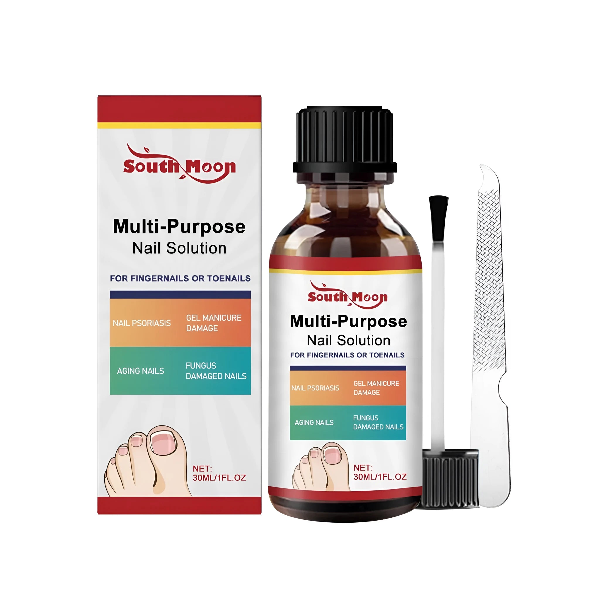 30ml nail care solution bottle with tea tree oil and white willow bark alongside nail file