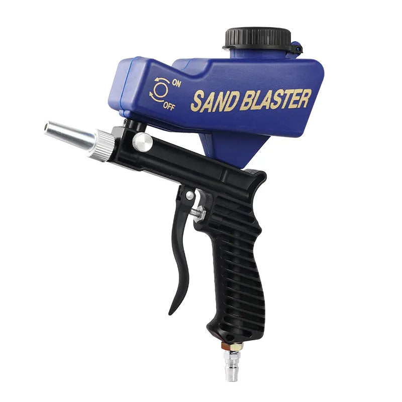 Portable blue pneumatic sandblasting gun with hose connector and 6.5mm nozzle.