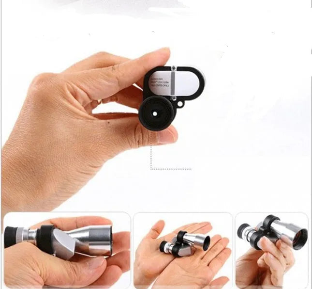 Compact black aluminium alloy 8x20 pocket monocular telescope with folded rubber eyecup on a cloth.