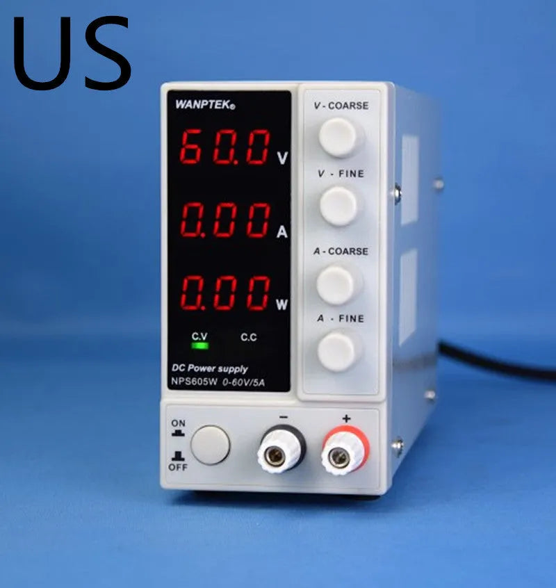 White adjustable DC power supply unit with 0-60V 0-5A output for electronics repair testing
