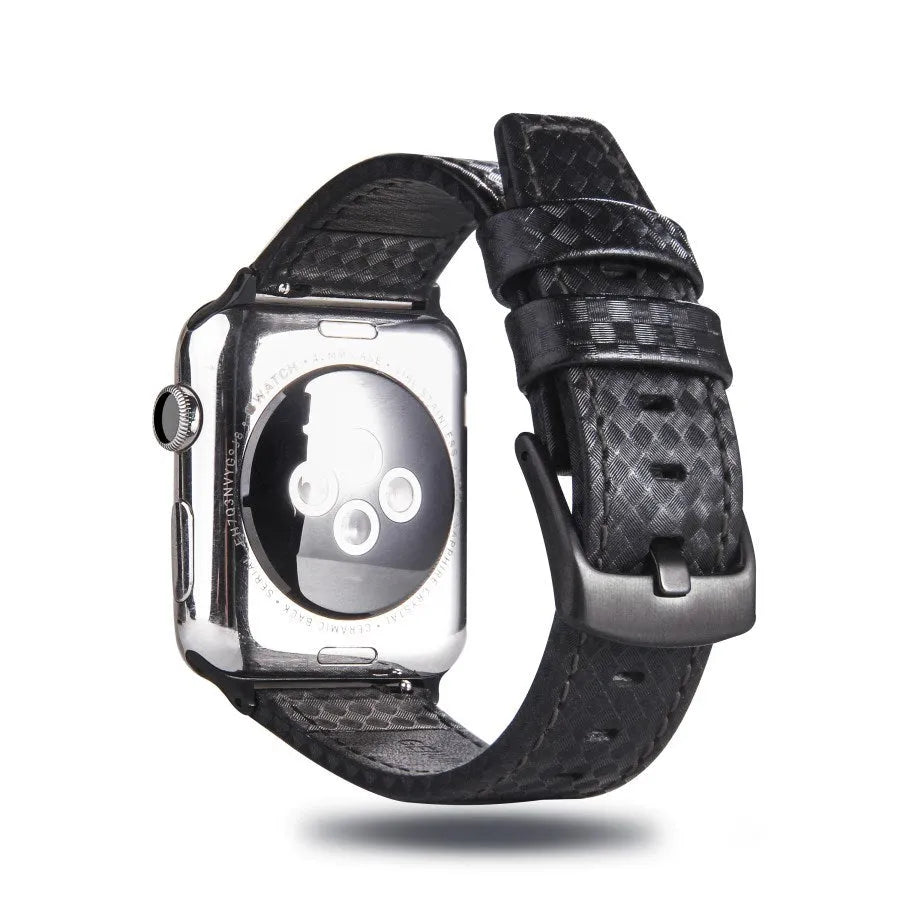 Leather Apple Watch strap with carbon fibre pattern case in black, blue, orange, and red colour options