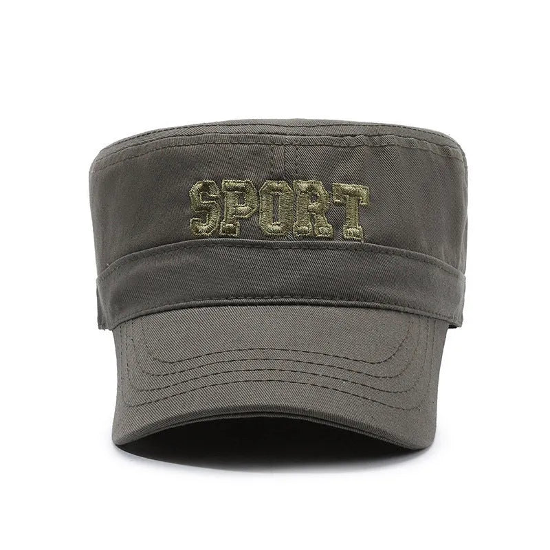 Men's adjustable cotton flat-top peaked cap in multiple colours offering sun protection