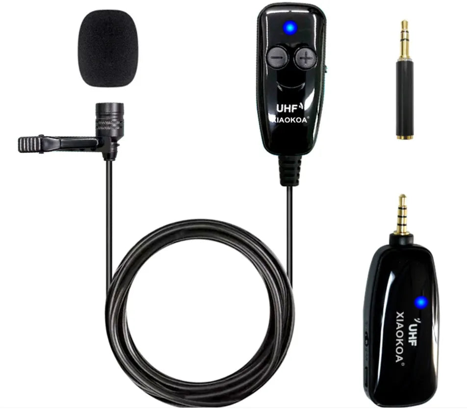 Black lavalier microphone with 3.5mm plug for mobile phones on a plain background.