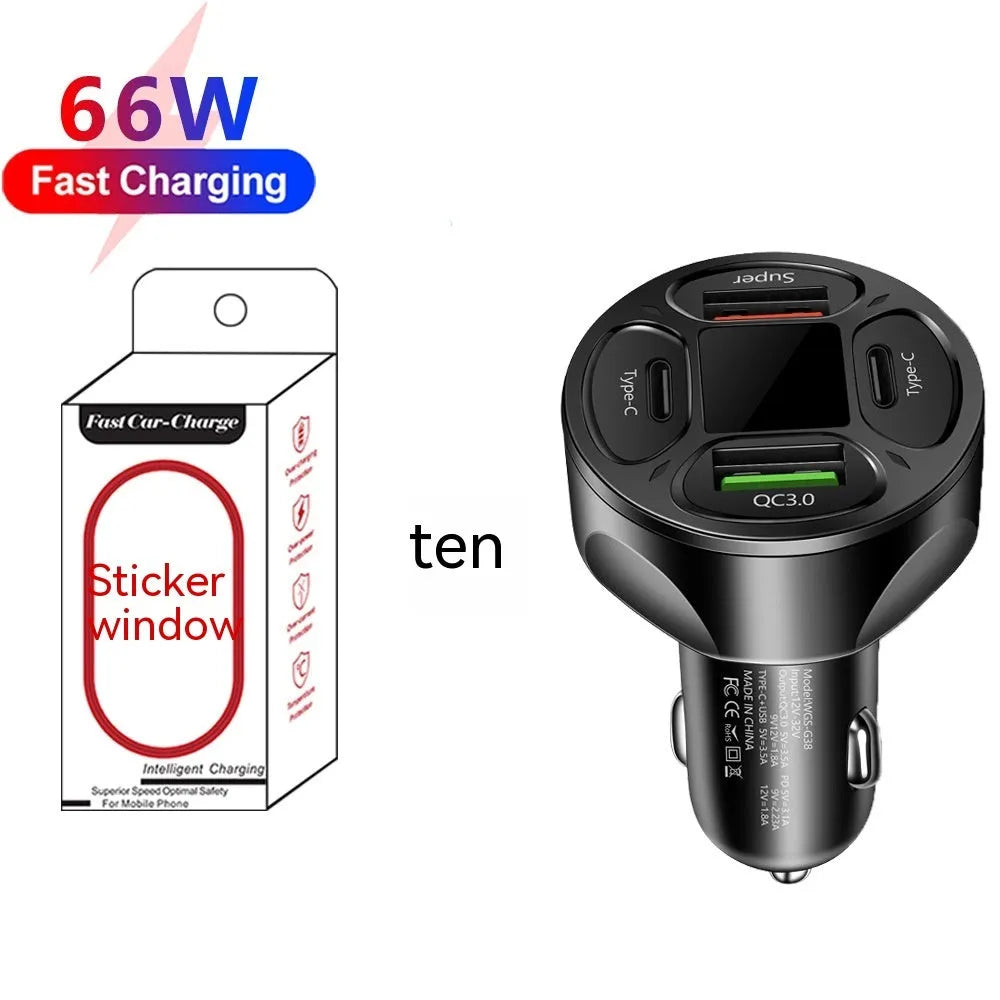 66W digital display car charger with 2 USB and 2 Type-C ports showing vehicle voltage on screen