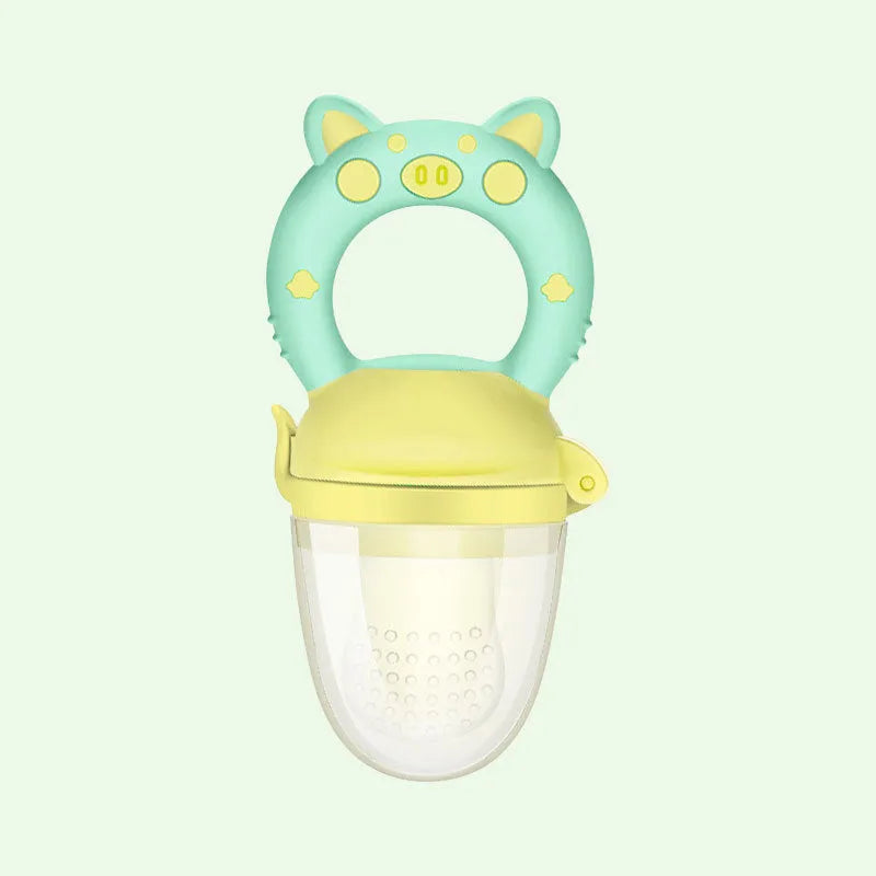 A blue silicone baby teether with a textured surface for infant gum relief.