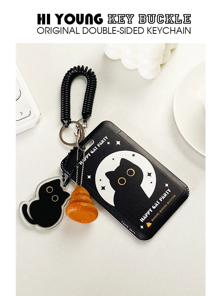 Cartoon black cat plastic card holder with metal keychain pendant for transport and student cards