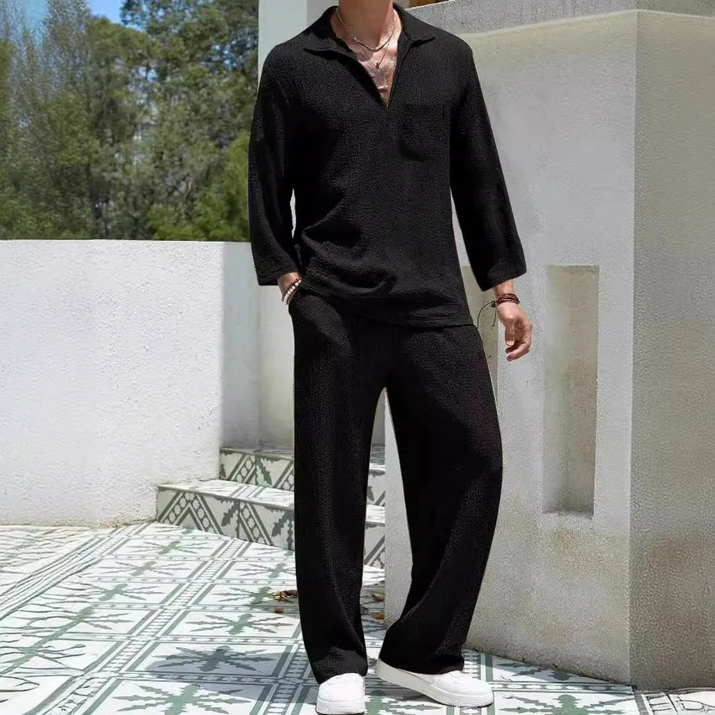 Men's casual shirt and trousers polyester suit set in lake blue colour for autumn wear.