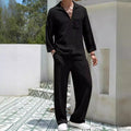Men's casual shirt and trousers polyester suit set in lake blue colour for autumn wear.
