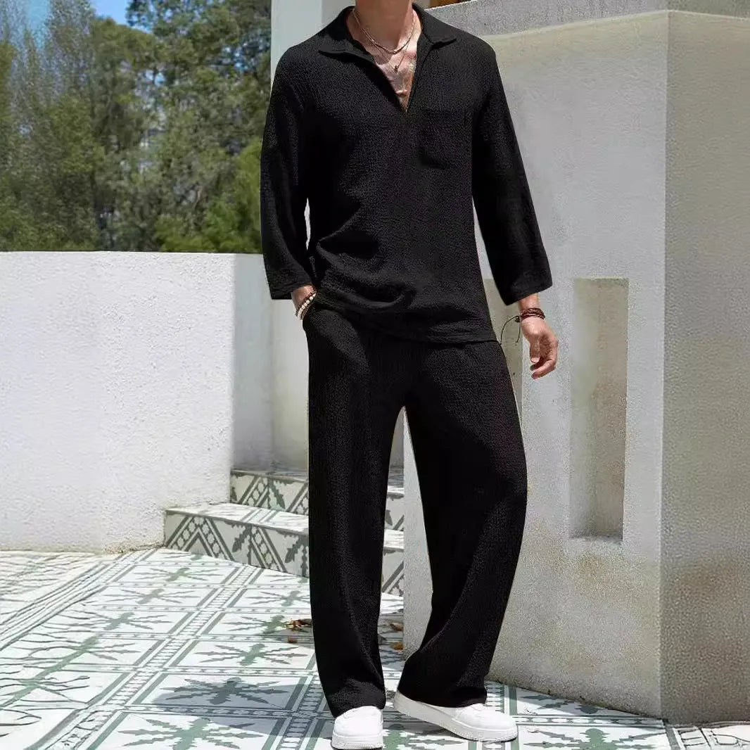 Men's casual shirt and trousers polyester suit set in lake blue colour for autumn wear.