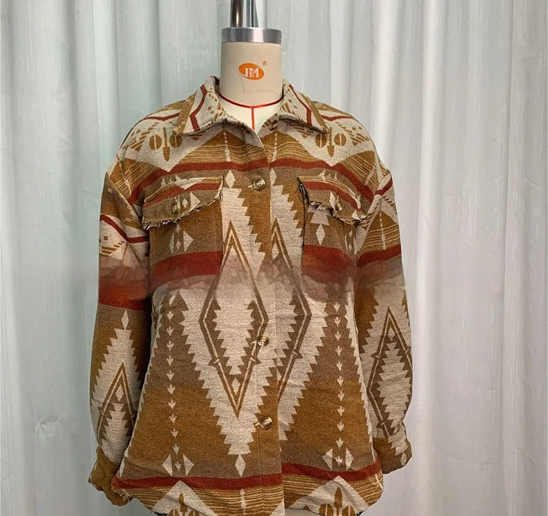 Women's loose retro style woolen coat with Aztec print design in three colour options